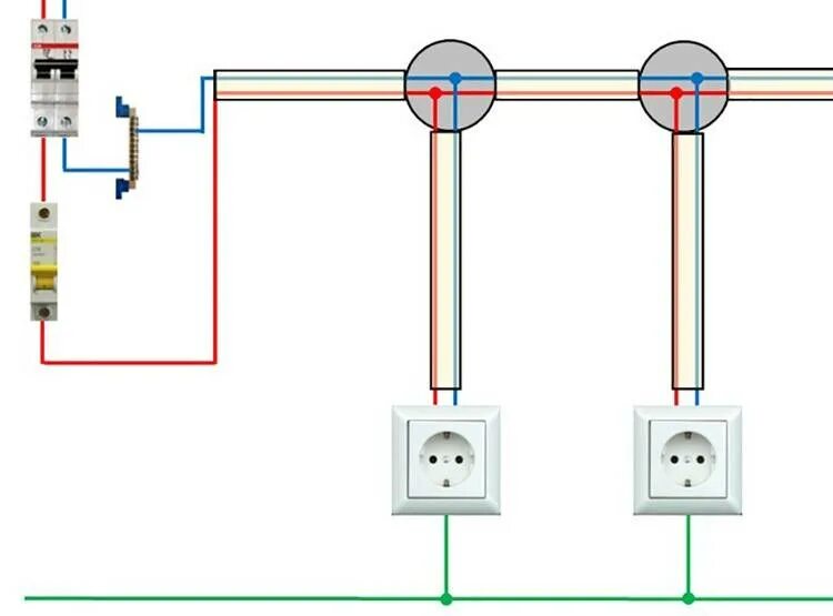 Схема разводки электропроводки розеток. Как подключить 2 розетки схема проводов. Схема подключения выключателя автоматического и розетки. Схема электропроводки в комнате 2 розетки и выключатель. Как провести свет в доме