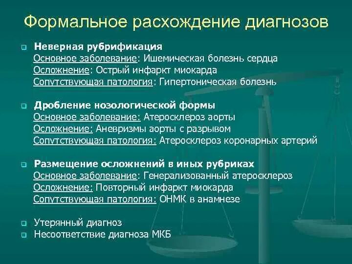 Расхождение диагнозов. Формальное расхождение диагнозов:. Рубрики диагноза. Расхождение патологоанатомических диагнозов категории.