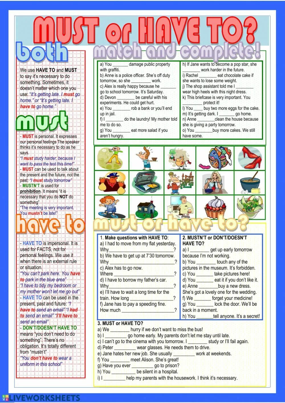 Complete with must or had to. Must have to worksheets. must have to упражнения. can must have to worksheets. have to has to must worksheets.