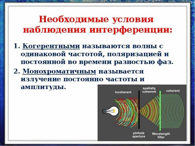 Условия наблюдения интерференции. Условие интерференции световых волн. Условия интерференции волн. Условия возникновения интерференции. Каковы условия интерференции