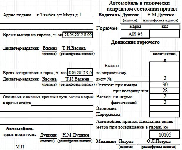 Бензин по путевым листам пример
