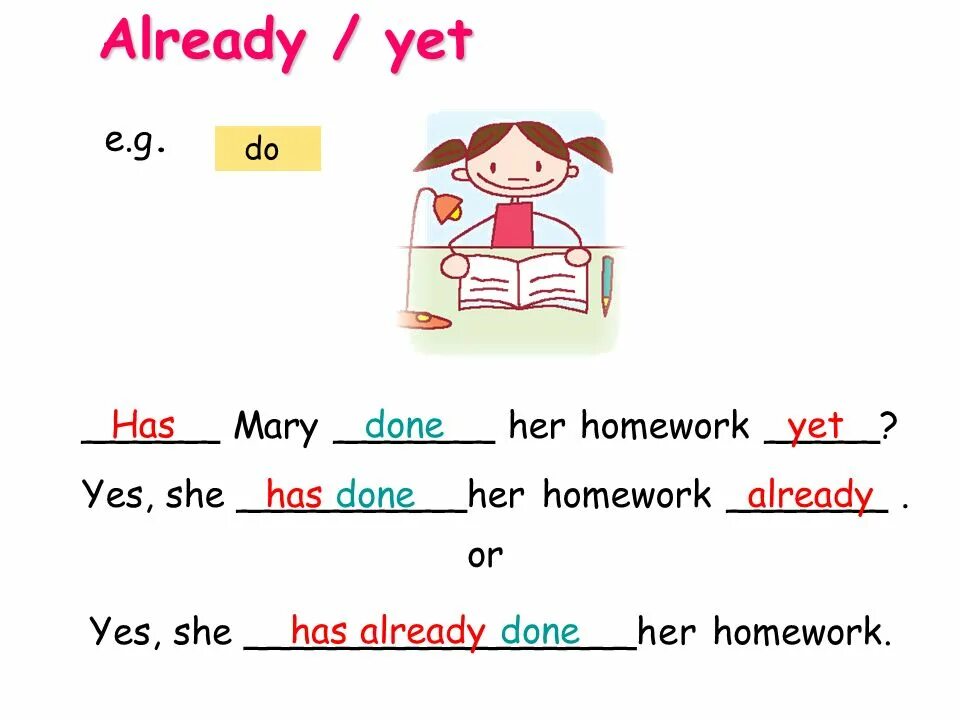 I have done the homework. Already yet разница. she has done homework. already yet правило. present perfect homework.