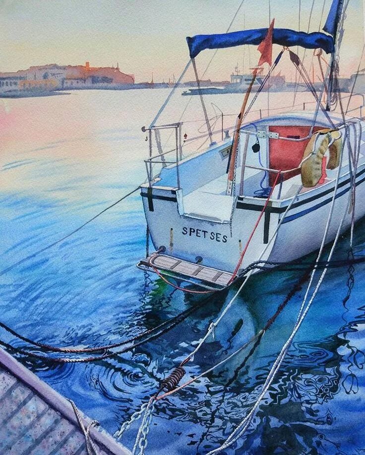 На рисунке изображен катер и его отражение. Художник сорин море лодки. Лодка пвх катамаранного типа. Яхта акварель. Что нарисовать на борту лодки.