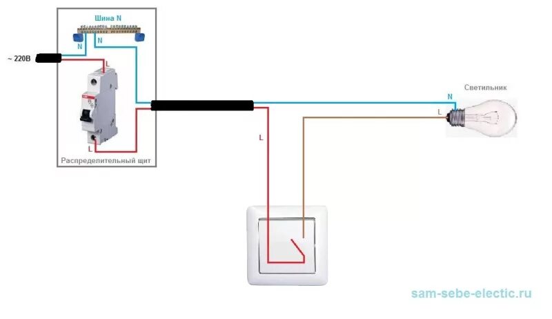 Схема подключения лампочки через выключатель и автомат. Схема подключения лампы автомат и выкл. Схема подключения выключателя к лампочке от автомата. Схема подключения лампочки без выключателя. Как подключить выключатель без распределительных коробок