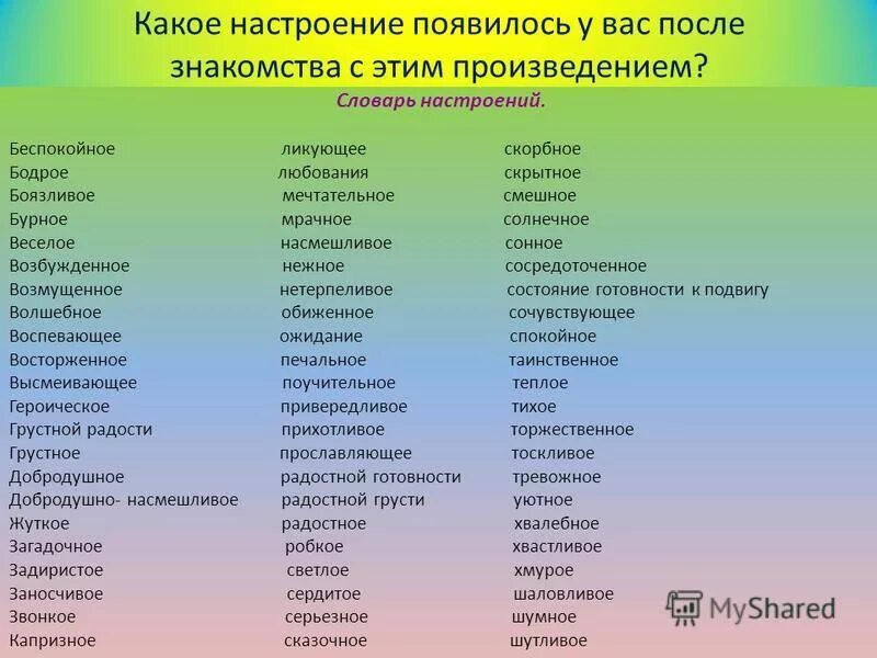 Песня какая прилагательные. Словарик настроения. Настроение список. Словарь настроений. Настроение человека список.