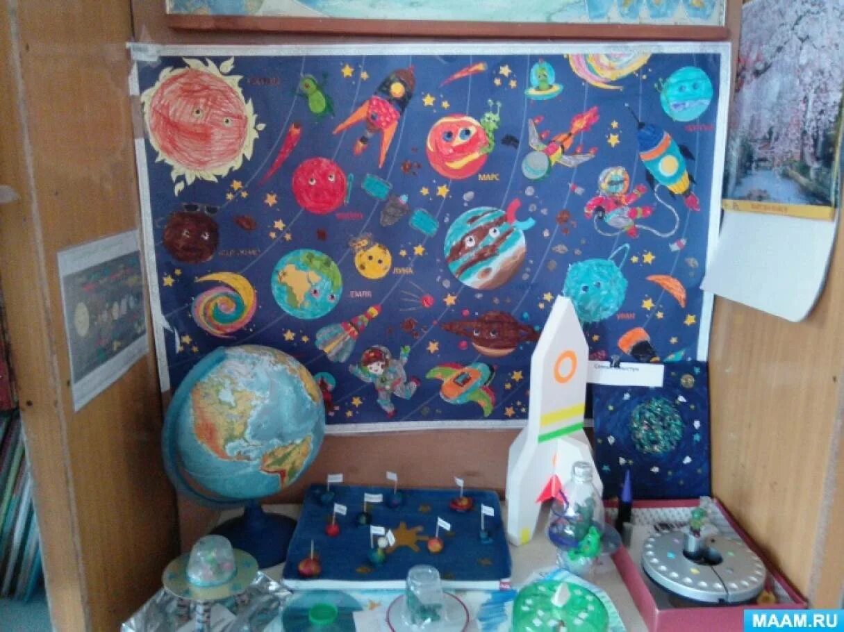 Уголок космоса в детском саду. Космический уголок в садике. Неделя космонавтики в детском саду. Уголок космос в подготовительной группе.