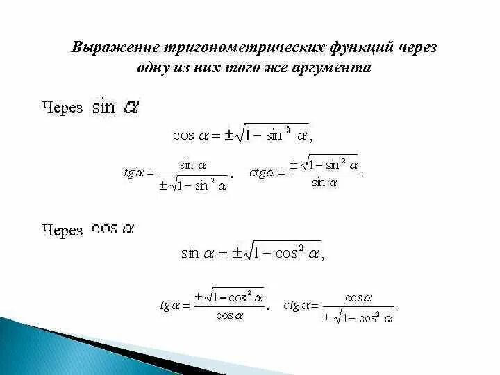 Выражение тригонометрических функций через другие. Связь между тригонометрическими функциями одного аргумента. Тригонометрические выражения и их преобразования. Выразить через тригонометрические функции.