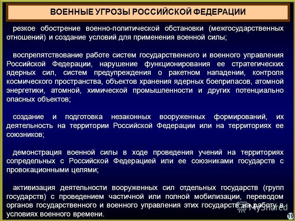 Определение военной безопасности. Основные принципы обеспечения военной безопасности РФ. Система военных угроз безопасности Российской Федерации. Угрозы военной безопасности Российской Федерации. Военно-политическая обстановка.