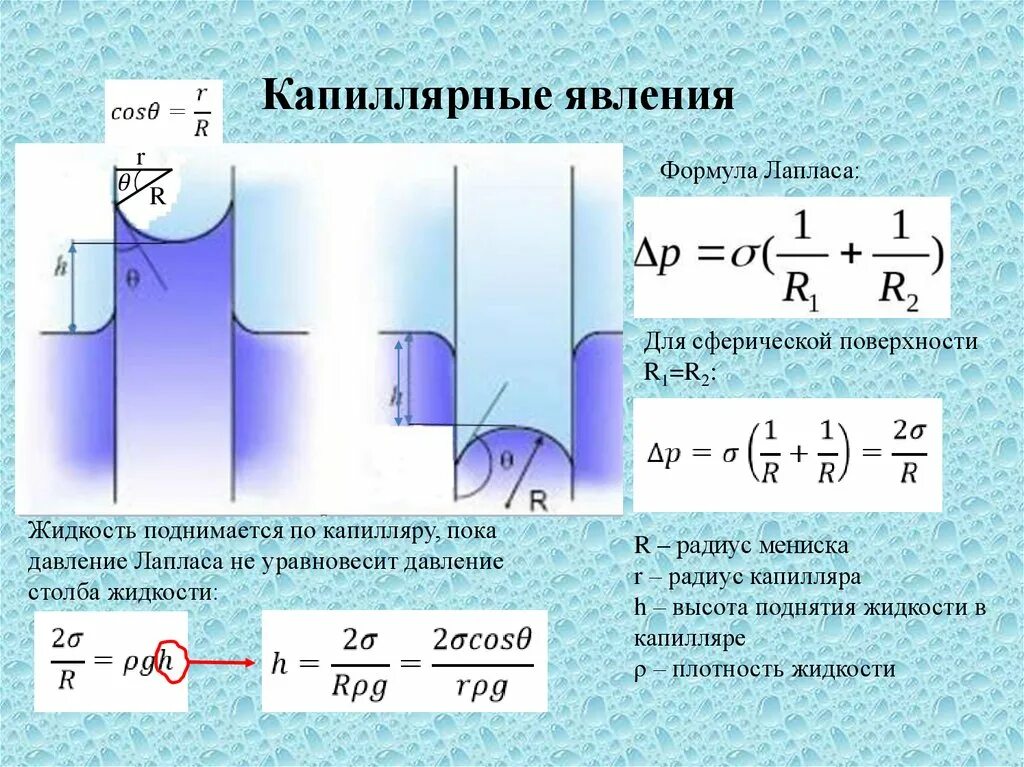 Жидкость капиллярное явление. Капиллярные явления. Формула Жюрена.. Капиллярный метод. Капиллярные явления. Формула Лапласа.. Формула Борелли Жюрена капиллярные явления. Капиллярные явления физика формулы.