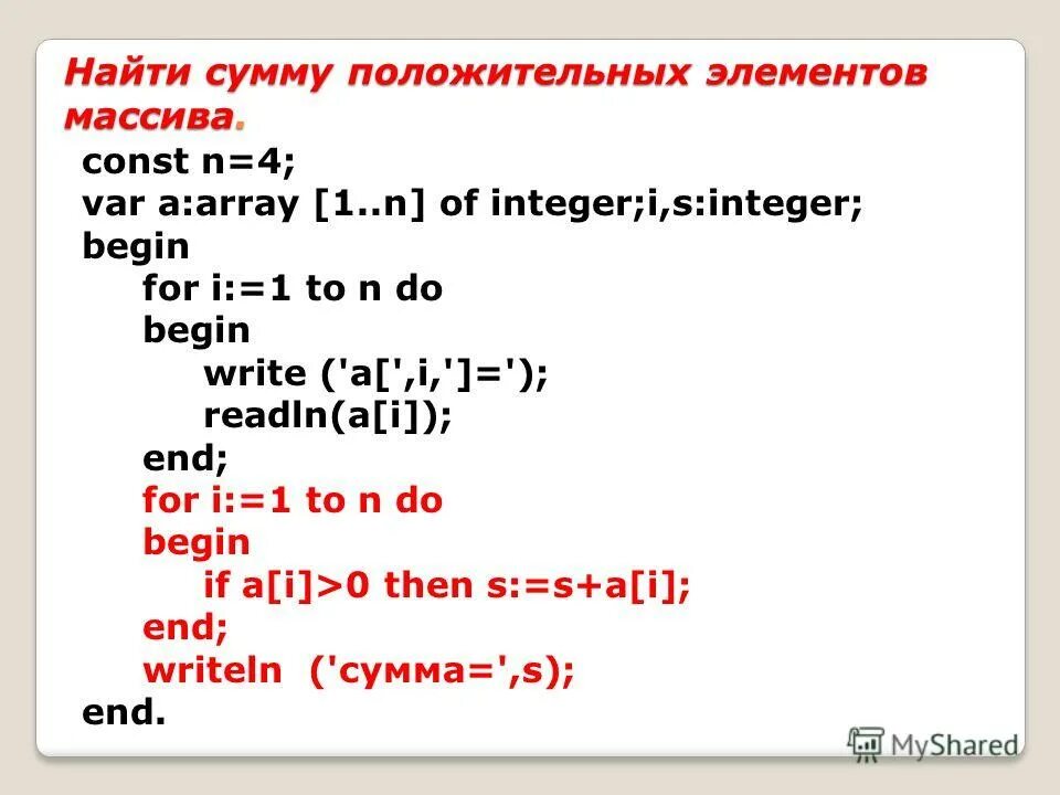 Вычислите суммы положительных элементов массива. Программа для нахождения суммы элементов массива. Сумма положительных элементов массива.