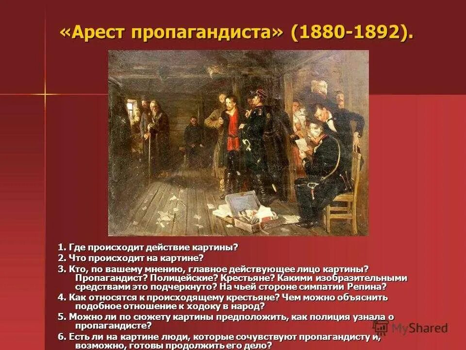 Сюжет события произошедшие с. Репин арест пропагандиста 1878. «Арест пропагандиста», картина и. Репина, 1880-е годы. Картина арест пропагандиста описание.