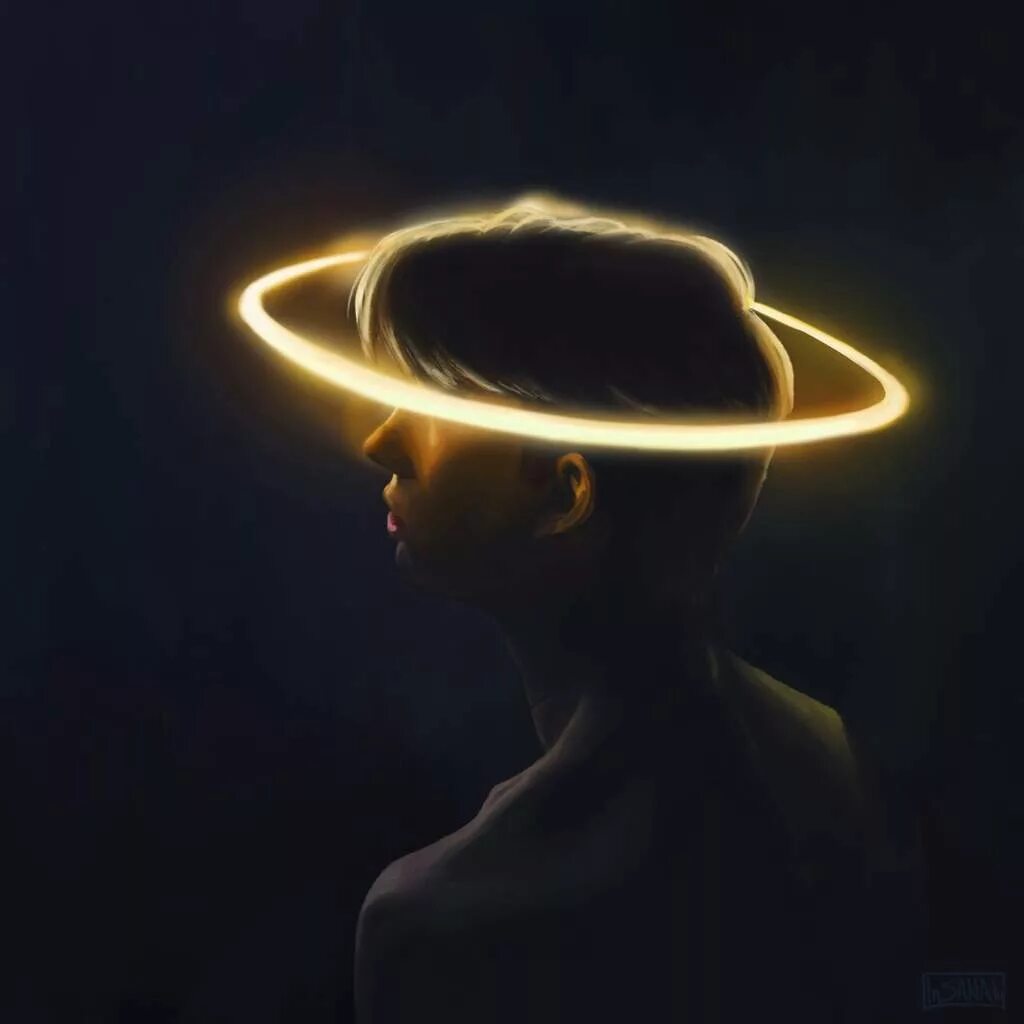 честный работник. светящиеся над головой святого. ангел. нимб. нимб над головой.