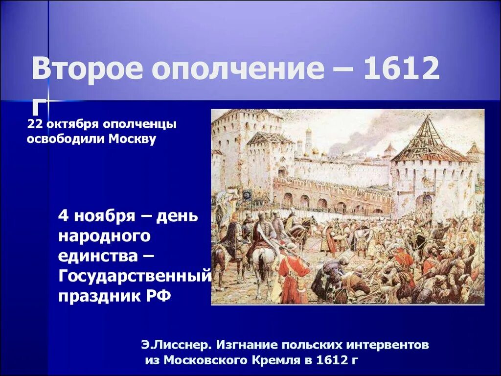 Что такое ополчение кратко. Освобождение Москвы 1612 Лисснер. Г второго ополчения освобождение Москвы 1612. Изгнание польских интервентов. Изгнание польских интервентов из Московского Кремля.