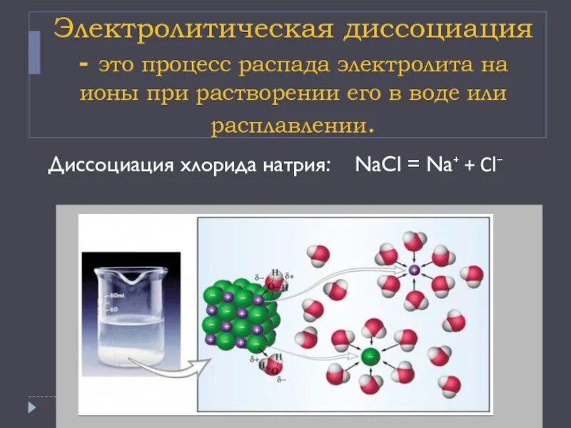 Механизм электролитической диссоциации ионных соединений. Электролитическая диссоциация. Процесс электролитической диссоциации. Диссоциация хлорида натрия.