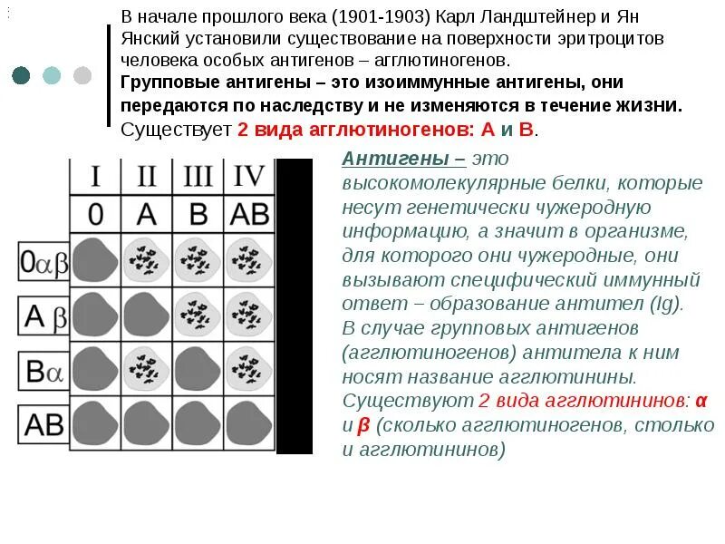 Таблица агглютининов и агглютиногенов