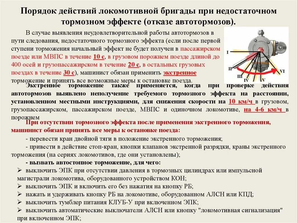 Порядок действий локомотивной бригады. Порядок проверки тормозов в пути следования. Порядок после экстренного торможения. Схема регламента действий локомотивно бригады.