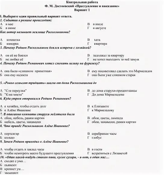 Контрольная работа преступление и наказание 10