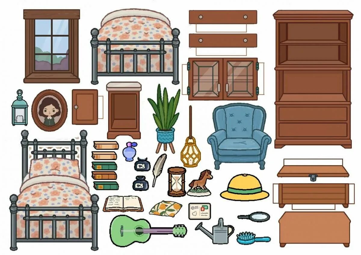 Мебель для бумажного домика. Спальня для бумажного домика. Предметы для бумажного домика. Вещи для бумажного домика.