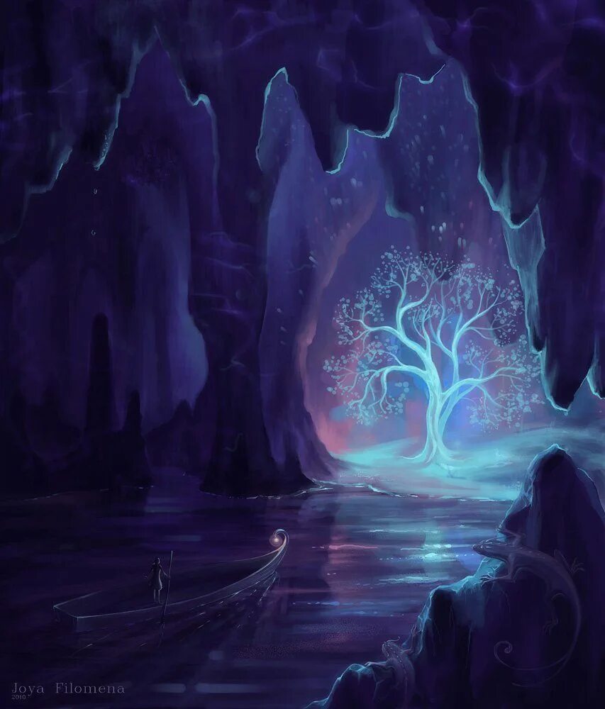 Кристальный лес. Пещера фэнтези. Сказочная пещера. Магическая пещера. Дерево в пещере.