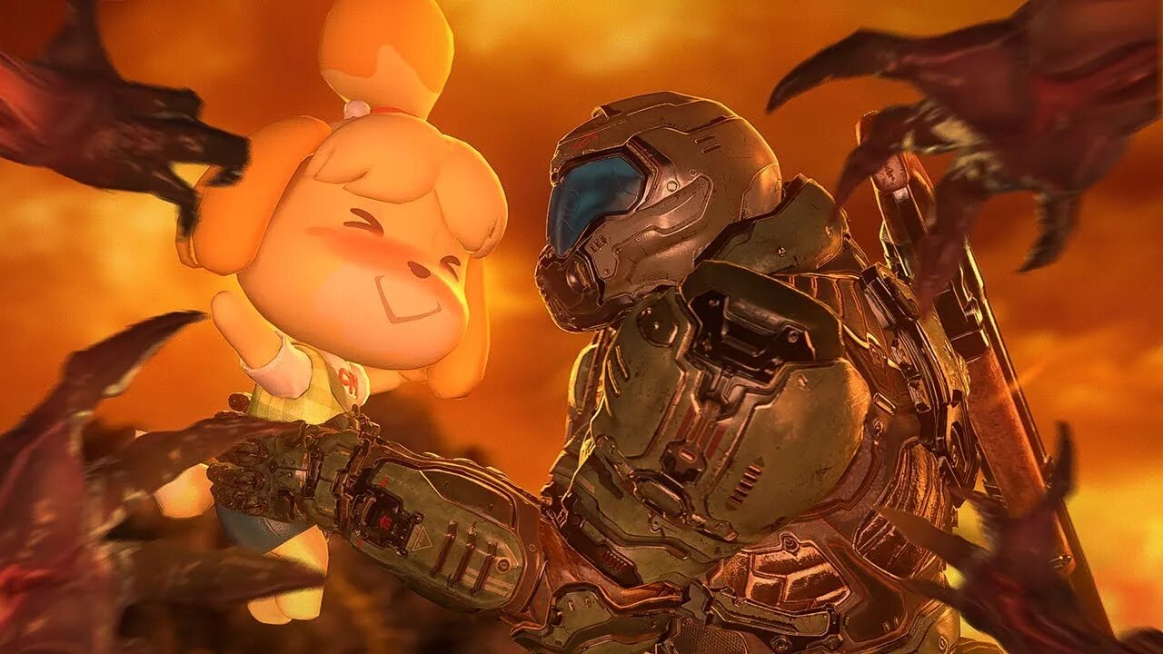 Doom crossover. Энимал кроссинг изабель арт дум. animal crossing изабель и doomguy. изабель doom.