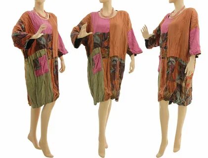 Lagenlook upcycled dress, crushed silk in pink rust olive L-XL.