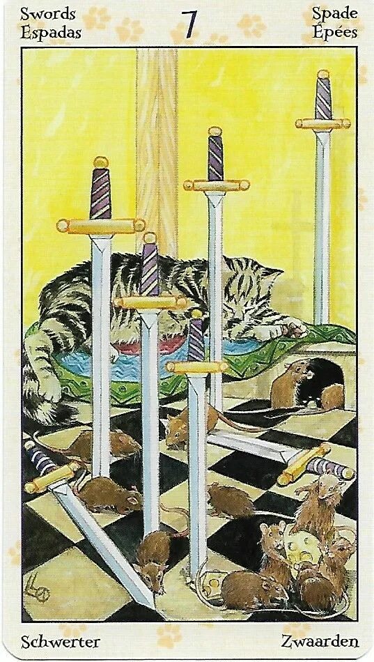Карты таро кошки значение. Таро языческих кошек мечей. 7 мечей таро языческих кошек. pagan cats tarot галерея. таро pagan cats.