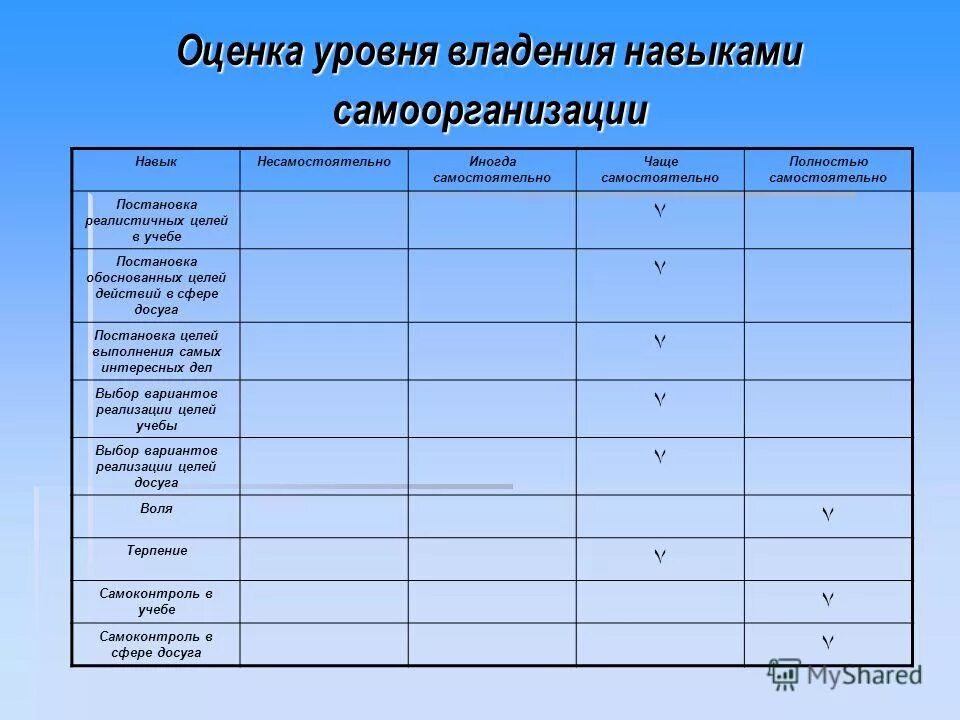 Уровень владения навыками