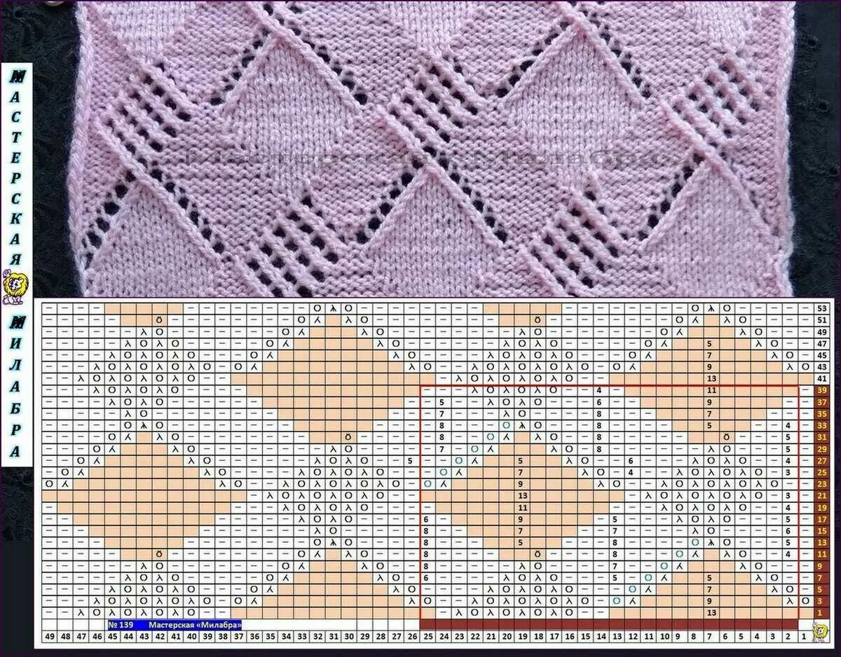 Ажурные ромбы спицами Аверчева. Мастерская Милабра узоры спицами. Узор ромбы спицами.