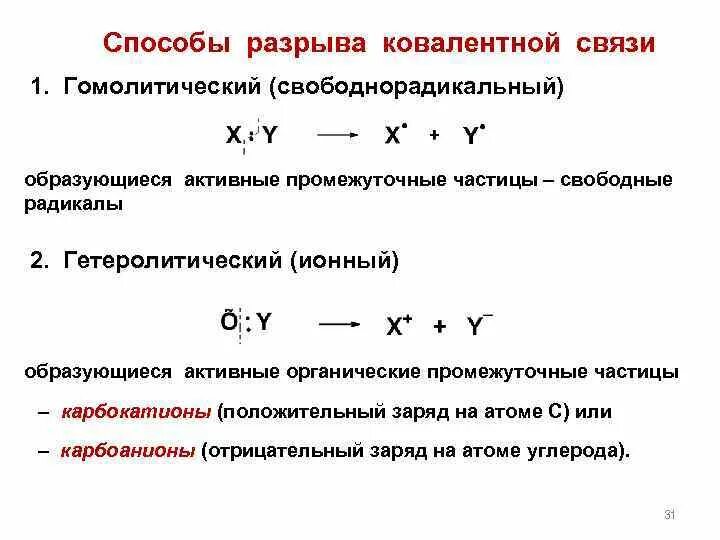 Способы образования связи. Строение промежуточных активных частиц. Способы разрыва связи в органических соединениях. 4. Способы разрыва связи: гомолитический и гетеролитический. Способы разрыва ковалентной связи.