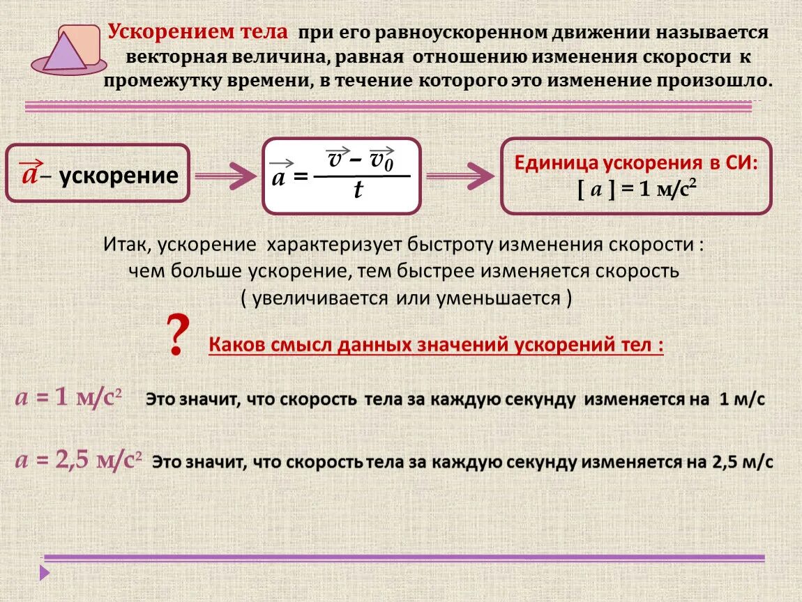 Что является изменением скорости. Ускорение. Ускорение тела при равноускоренном движении. Ускорение приразноускоренном движени.