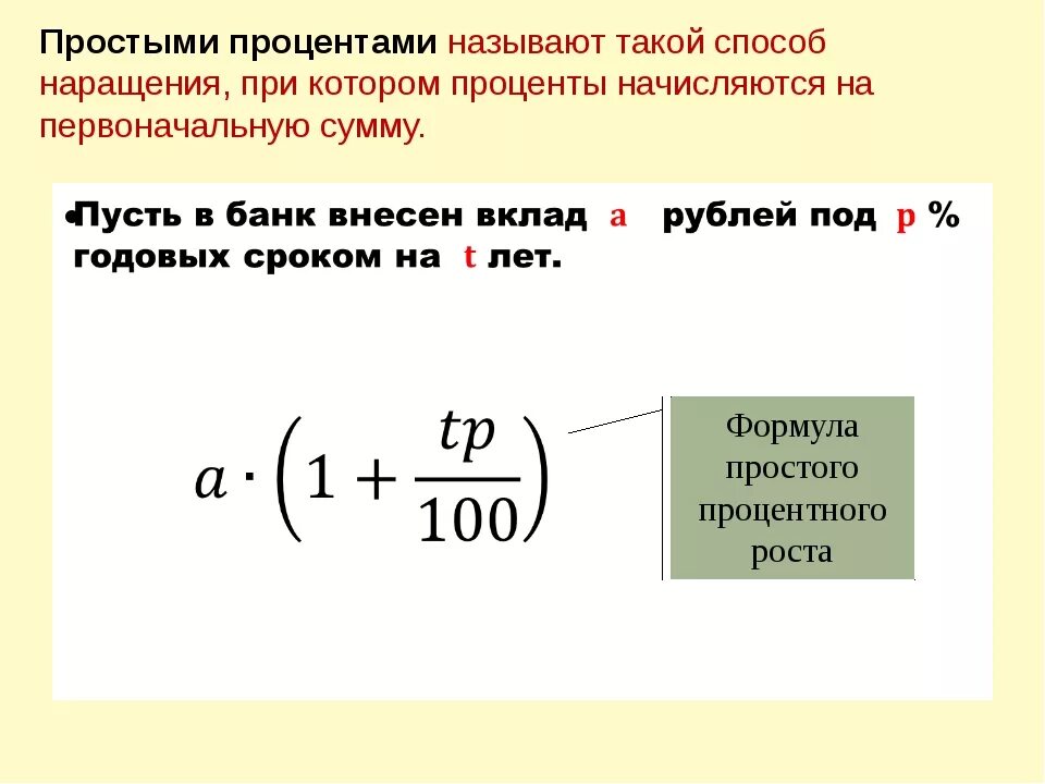 Сложные проценты 10 класс. Простые проценты формула как рассчитать. Формула начисления простых и сложных процентов. Схема сложных процентов. Формула простых процентов пример.