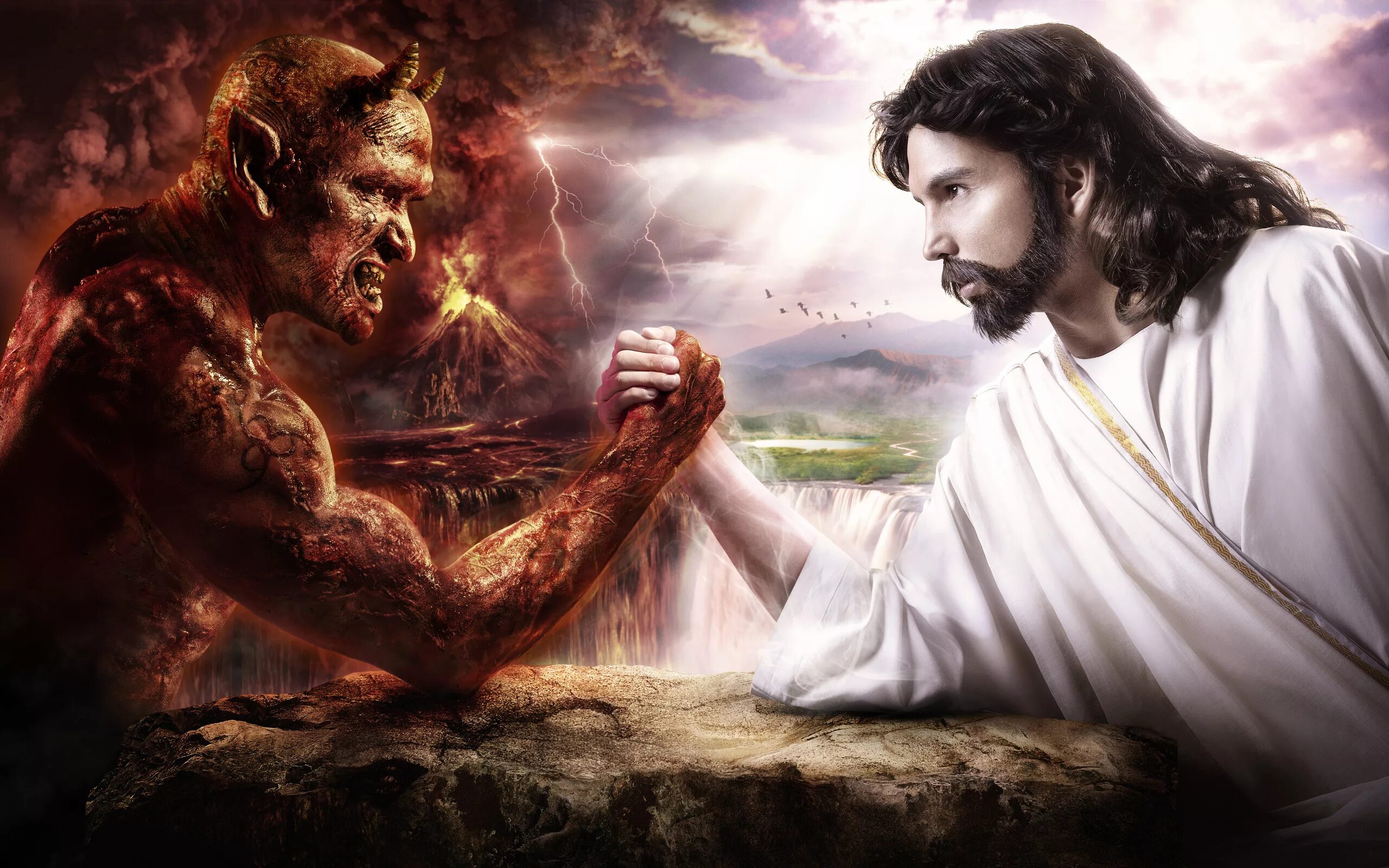 Битва за душу человека. Иисус Христос против сатаны. Дьявол Люцифер против Иисуса Христа. Иисус против дьявола картина.
