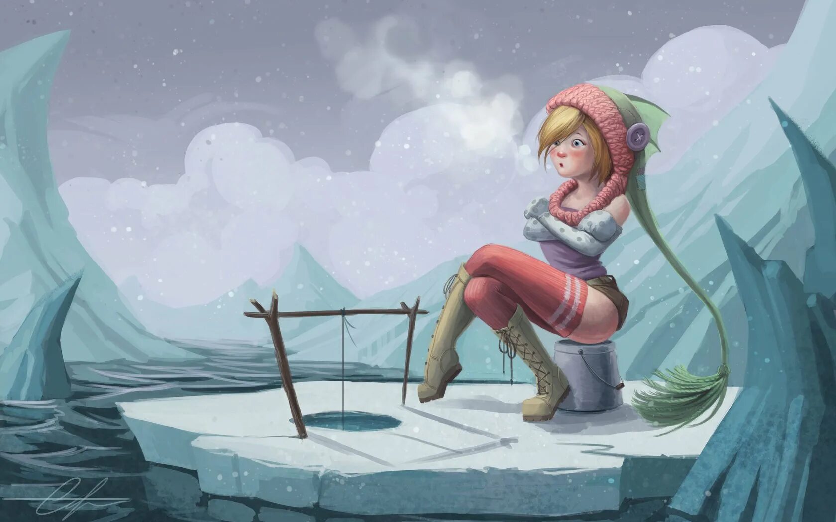 Frozen удочка. Девушка зима рисунок. Зимние мультяшные девушки. Замерзшая девушка. Обои на рабочий стол рыбалка.