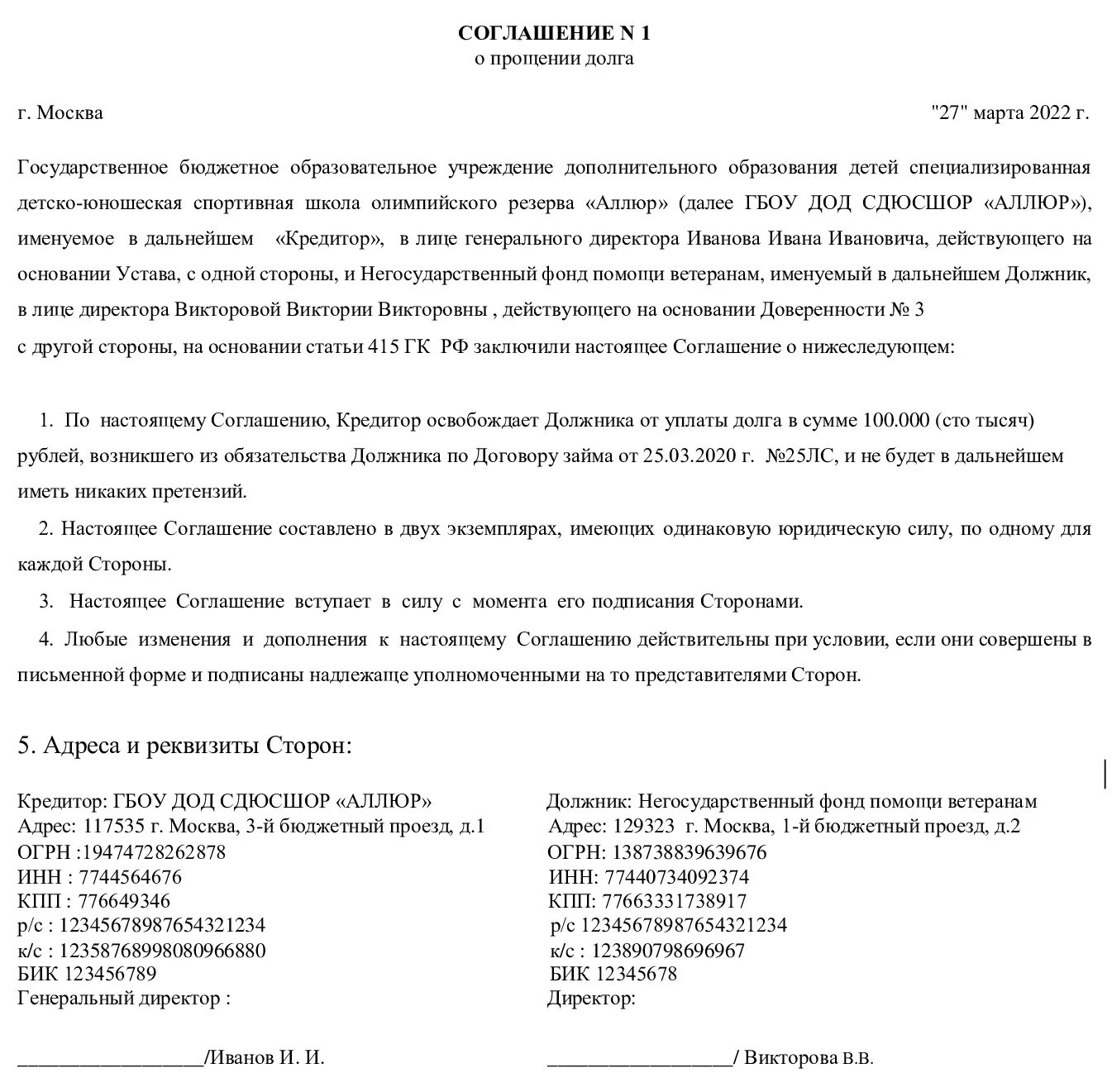 Договор прощения долга