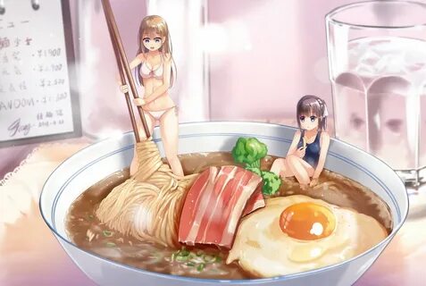 Anime girl eats Ramen.