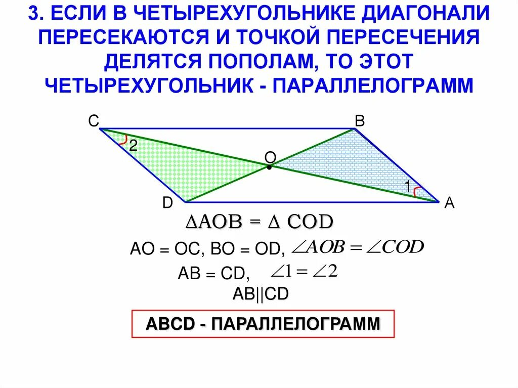 Диагонали параллелограмма точкой их пересечения делятся пополам. Если в четырехугольнике диагонали пересекаются и точкой пересечения. Диагонали пересекаются и точкой пересечения делятся пополам. Если в четырехугольнике диагонали пересекаются. Четырехугольник диагонали точкой пересечения делятся пополам.