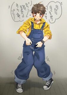 Rushed to the toilet but find no zipper on his overalls... 
