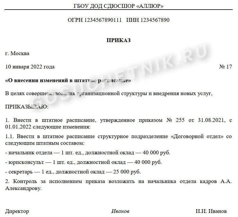 Исключение из штатного расписания