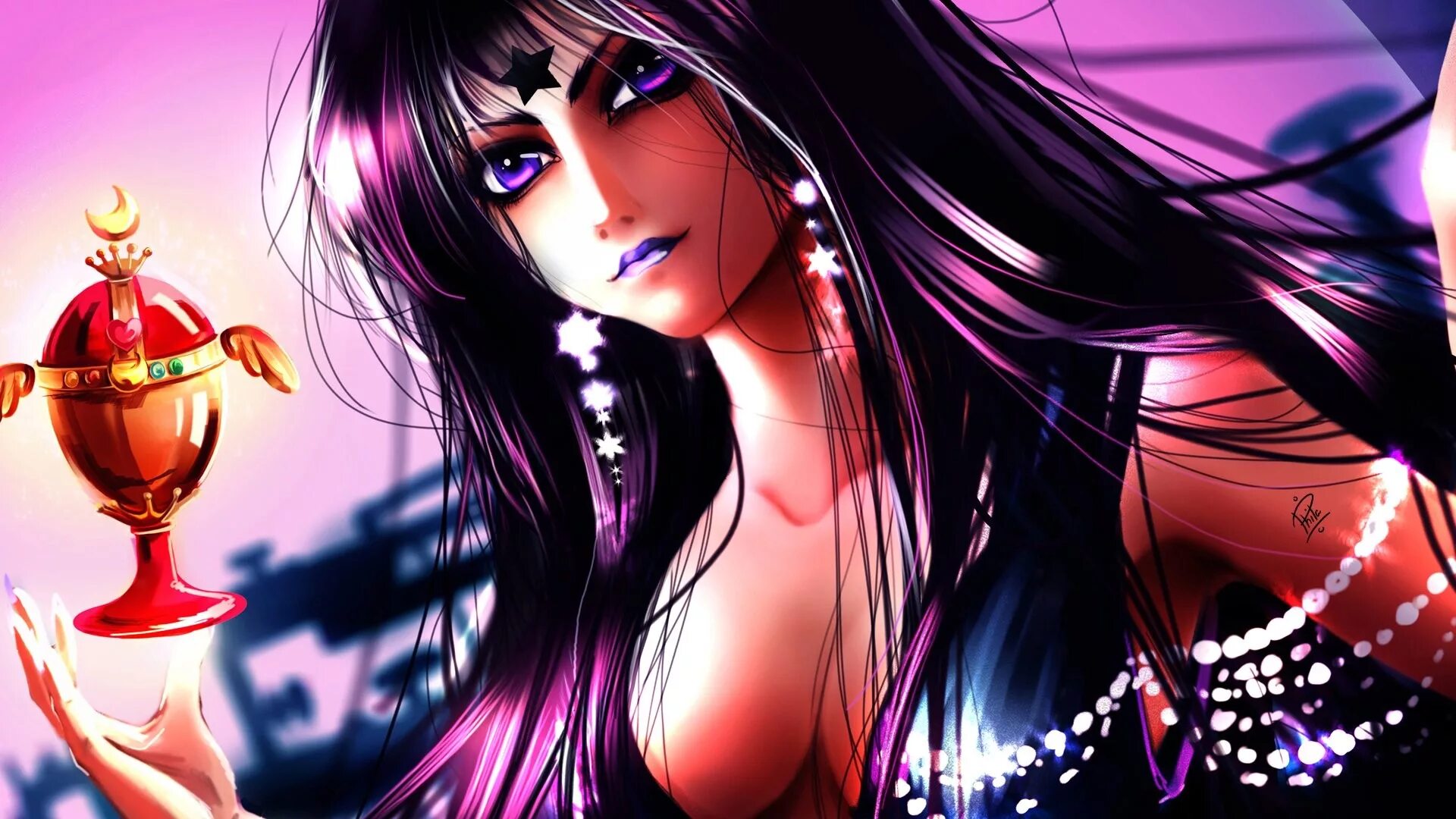 Манга принцесса гадалка 44. Девочка демон на фиолетовом фоне.