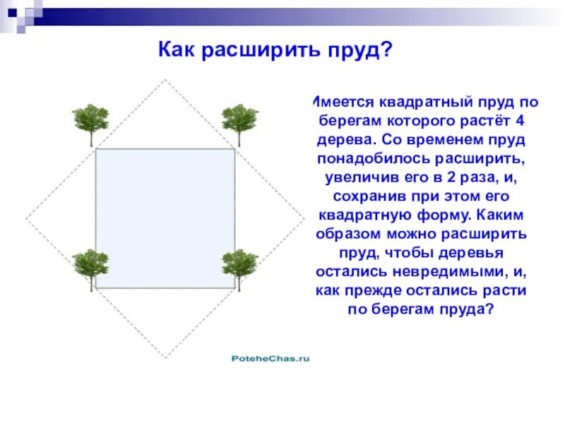 Как увеличить квадрат в 2 раза. По углам квадратного пруда растут. имеется квадратный пруд по углам которого растут четыре. пруд квадратной формы по берегам которого растут четыре дерева. квадратный пруд по берегам которого.