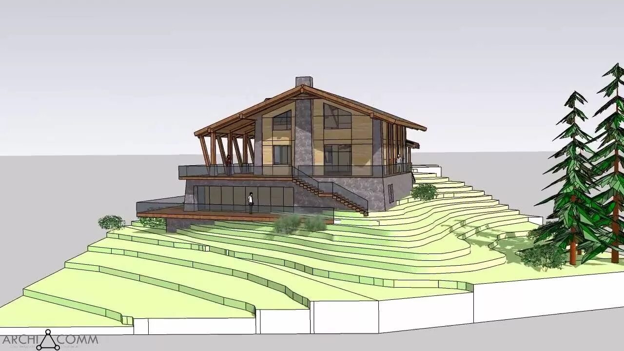 Задания с террасами. Каркасный дом в скетчап. Дом на склоне. Здания на сложном рельефе. Проект участка на склоне.