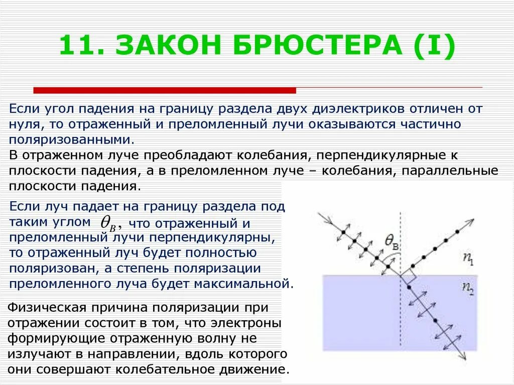 Поляризация законы. Закон Брюстера кратко. Поляризация света закон Брюстера. Закон Малюса. Закон Брюстера.. Сформулируйте закон Брюстера.