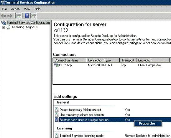 Откройте Terminal services configuration. Консоль Terminal services configuration. Single session per user. Restrict each user to a Single session.