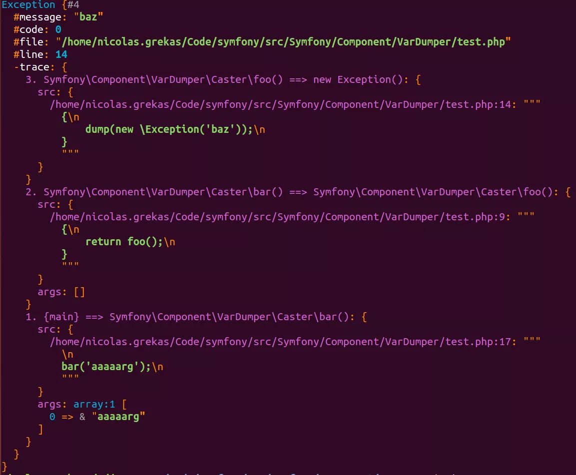Symfony component. VARDUMPER. Symfony exception что это. Код на Симфони. Трейс Симфони.