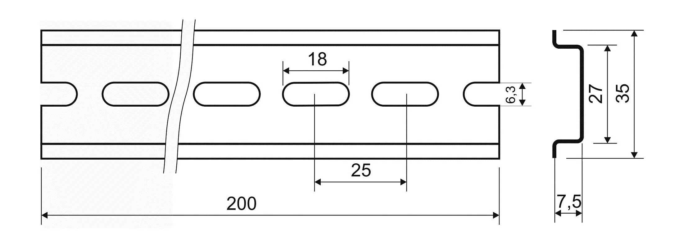 Din рейка 35х7 мм. Din рейка 35х7.5 мм 1000 мм чертеж.