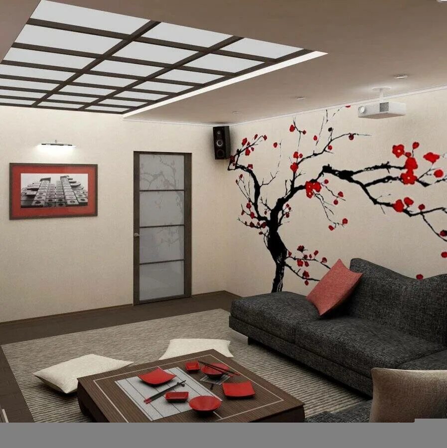 Сакура дизайн. Этностиль Япония в интерьере. Комната в японском стиле. Интерьер в ненском стиле. Гостиная в японском стиле.