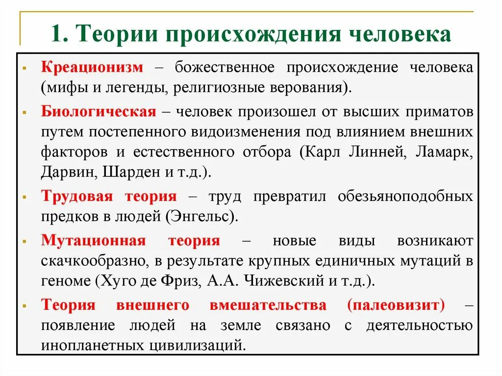 Основные теории происхождения человека. Перечислите теории происхождения человека. Теории происхождения человека таблица. Концепция происхождения человека таблица.