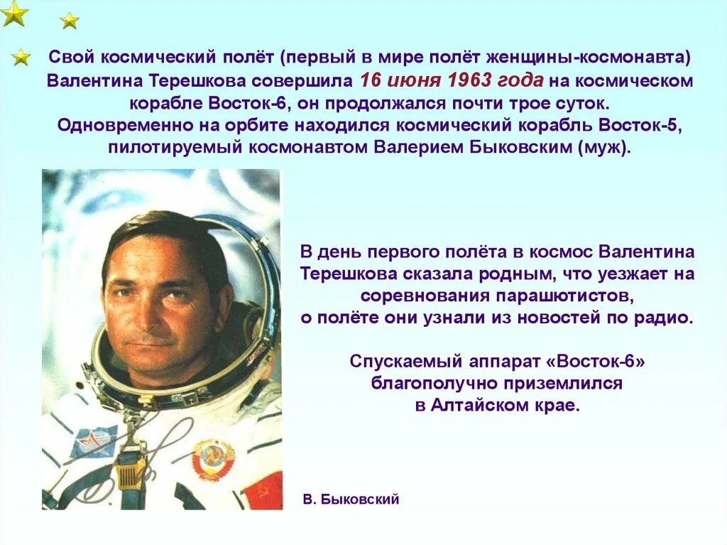 Космического полёта первой в мире женщины-Космонавта. Космический полет первой в мире женщины-Космонавта в.в Терешковой. Сведения о первых космонавтах.