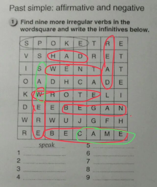 Find the right answers. Past simple affirmative and negative find Nine more Irregular verbs. Find в паст Симпл. Find and circle the past simple forms of the verbs. Find and write.