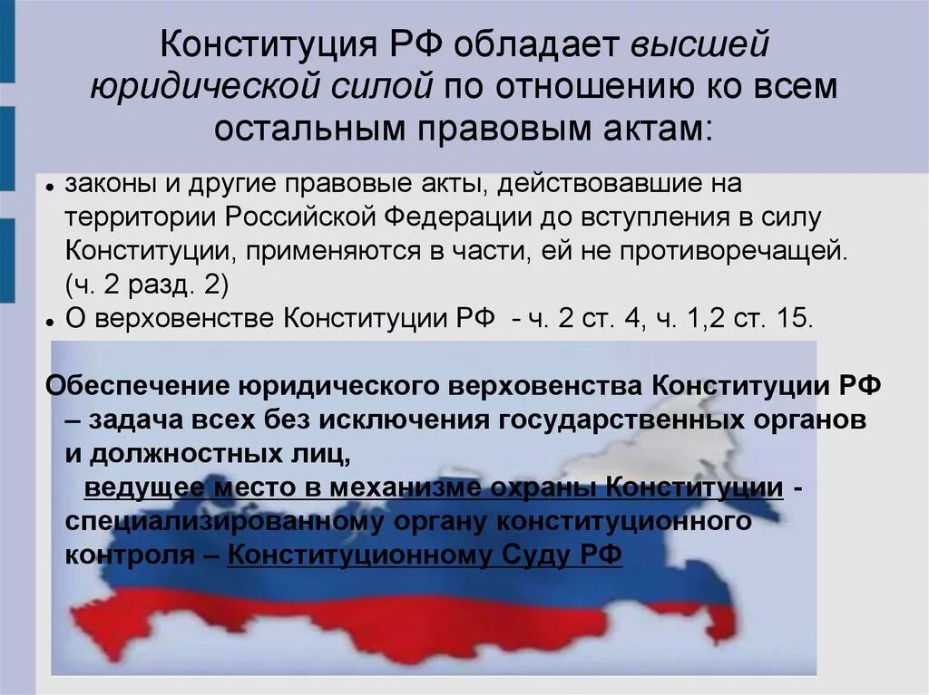 В части не противоречащей условиям настоящего устава. Конституция обладает высшей юридической. Конституция это нормативно правовой акт. Конституция РФ И федеральные законы. Правовые акты высшей юридической силы.